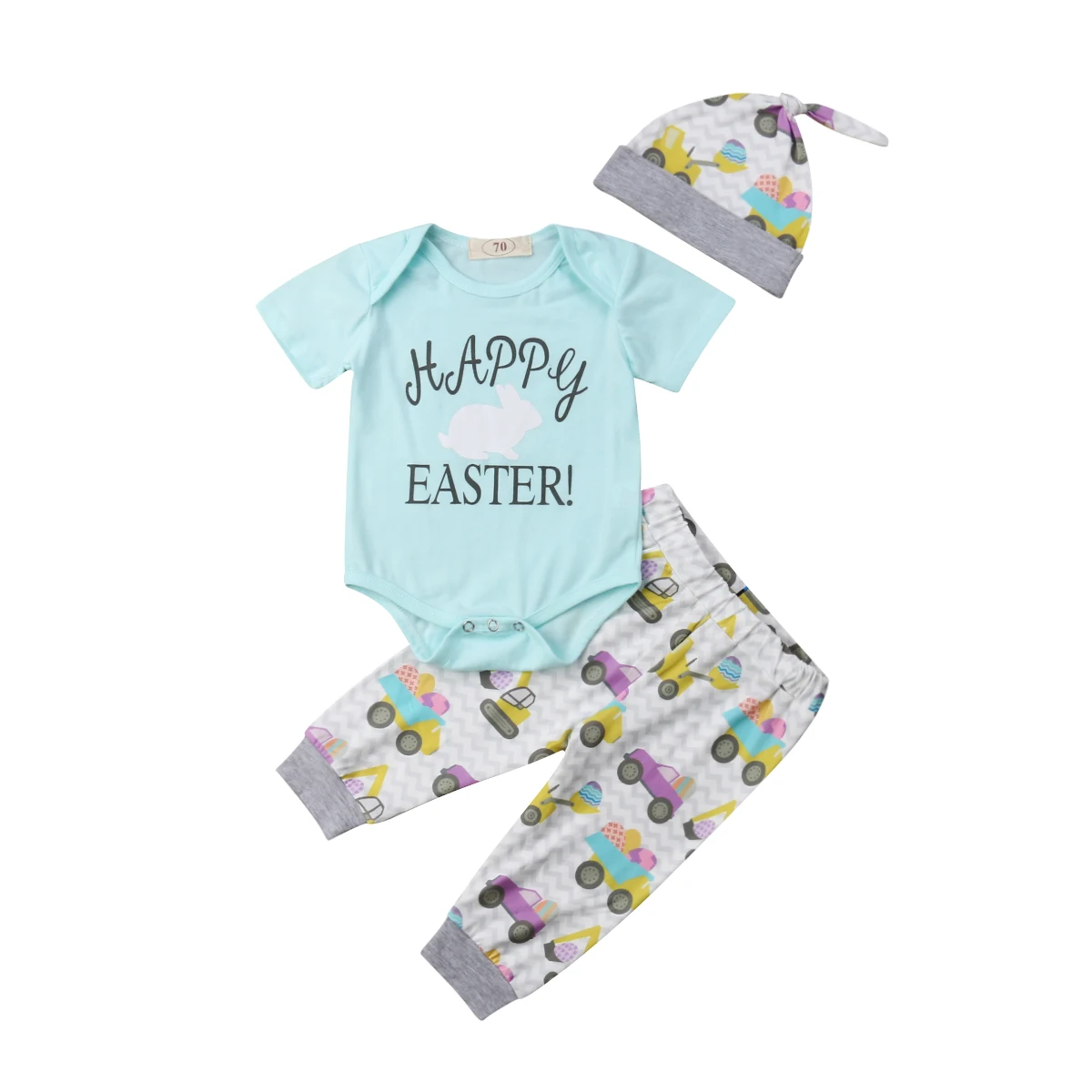 3Pcs Newborn Kid Baby Boys Girl Short Sleeve Romper Bodysuit Long Pants Hat Baby Happy Easter Outfits Clothes Set