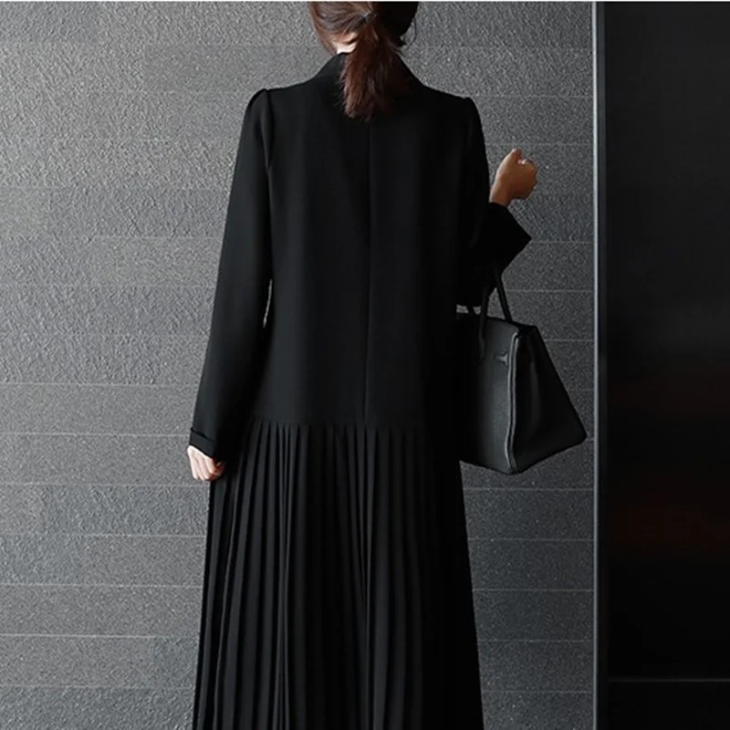 SHENGPALAE весеннее корейское новое черное двубортное Плиссированное свободное модное платье до середины икры с длинным рукавом и v-образным вырезом для женщин OA504
