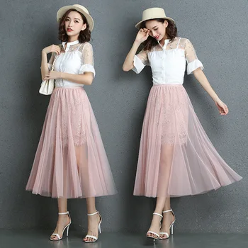 

2019 New Pattern Summer Yarn High Waist Phnom Long Lace Half-body Skirt Woman