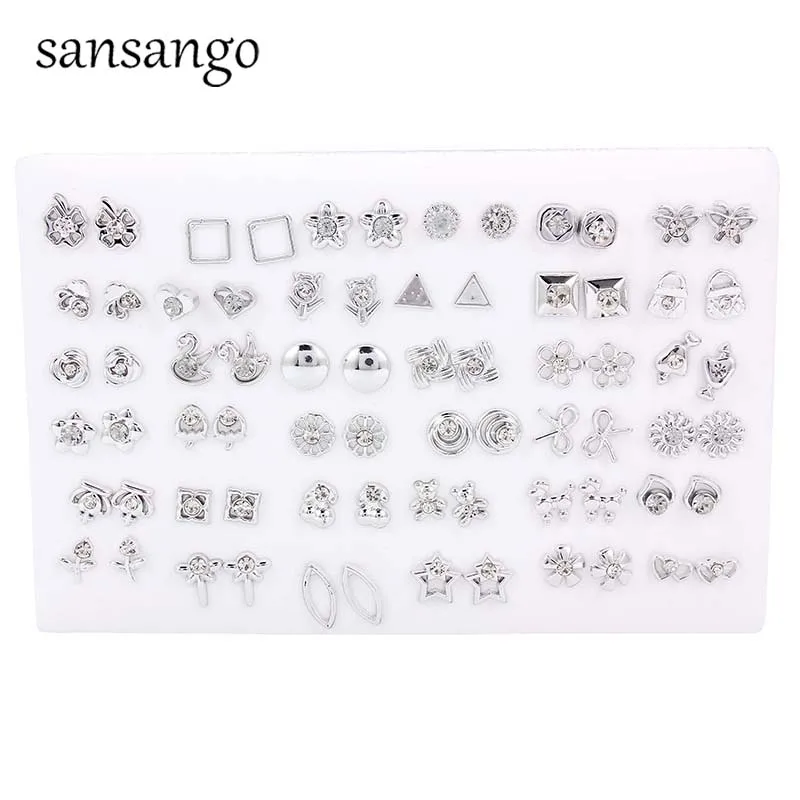 

36Pairs/lot Silver Women Butterfly Bowknot Flower Swan Small Crystal Stud Earrings Sets Girl Children Jewelry Party Gift