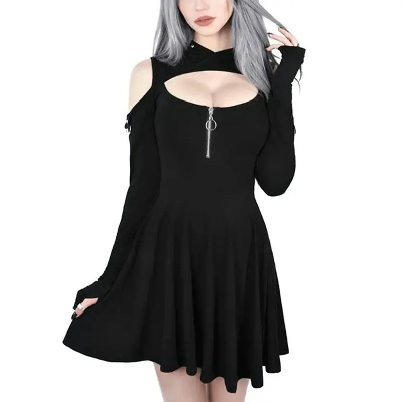 

Women Hoodie Dress Goth Fashion Spring Casual Fitness Black Hooded Streetwear Girl Sexy Pleated Hollow Off Shoulder Mini Dresses