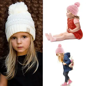 

Pudcoco New Brand Children Warm Winter Wool Knit Beanie Fur Pom Bobble Beret Hat Crochet Ski Hat