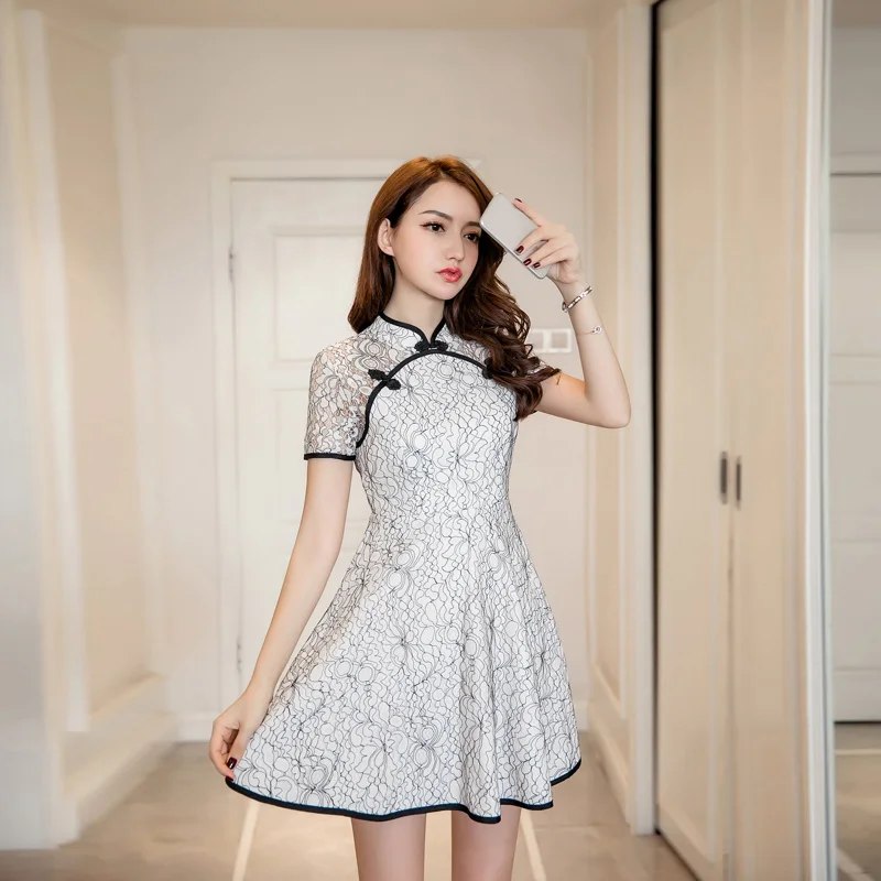 

2019 New Vintage Women Mini dress Lace Slim Qipao A Word Dresses 9801