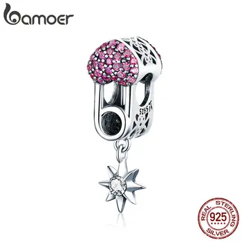 

BAMOER New Collection 925 Sterling Silver Love Clip Shape Pendant Pink CZ Charms fit Women Bracelets Necklaces Jewelry SCC1130