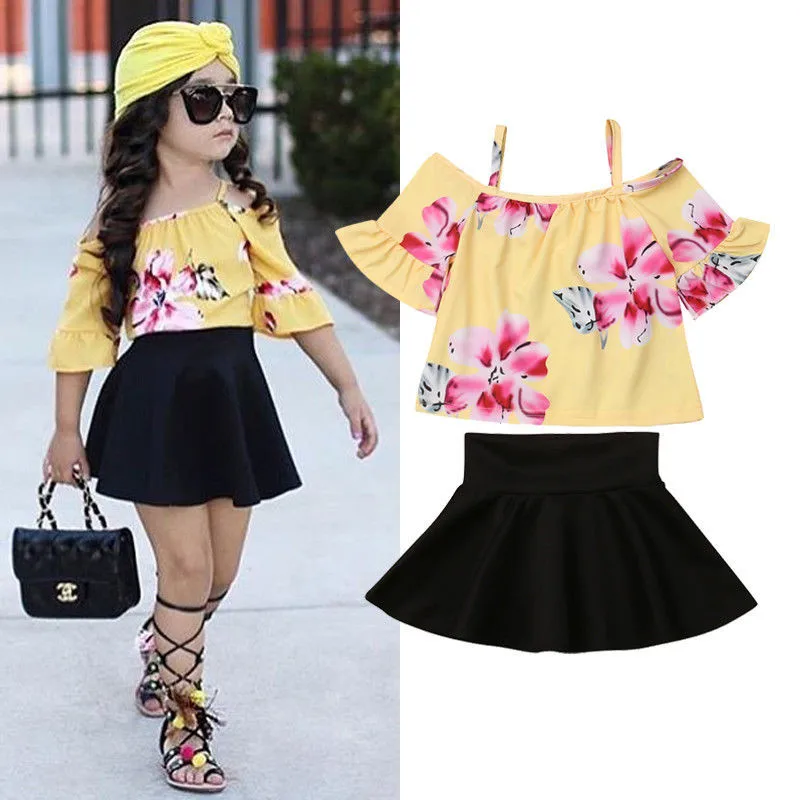 

0-4T Fashion Kids Baby Girls Floral Clothing off shoulder Tops Blouse Skirts Cute princess Boho Dress Set Outfit