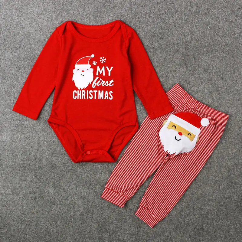 Рождественвечерние вечеринки для новорожденных и маленьких девочек и мальчиков, 2 стиля, с надписями Санта-Клауса, красный комбинезон, топы+ штаны в полоску