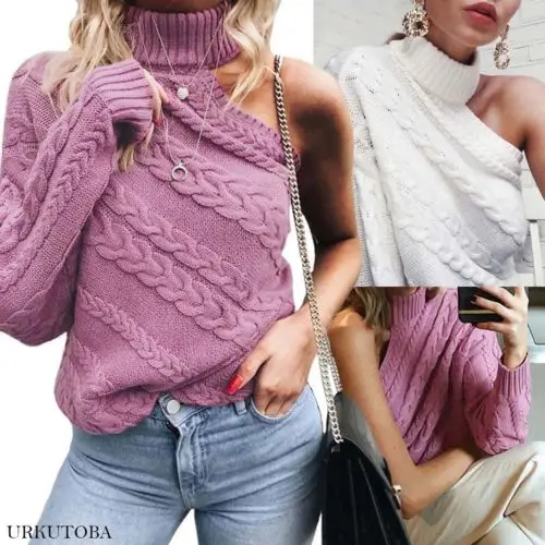 

Women Long Sleeve Cold Shoulder Knitted Sweater Jumper Slim Fit Pullover Warm Sweaters Outwear