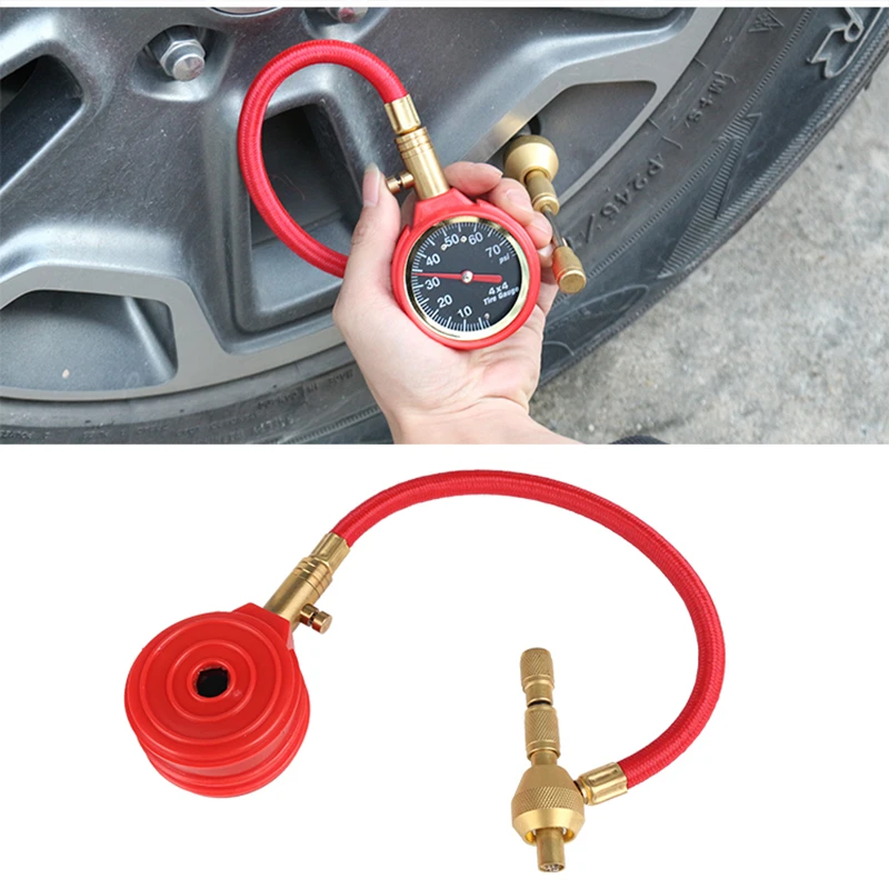 

Red Mechanical Pointer Tire Pressure Gauge Tyre Deflator Kit With 4 Valve Cap For Automobile Cars Trucks