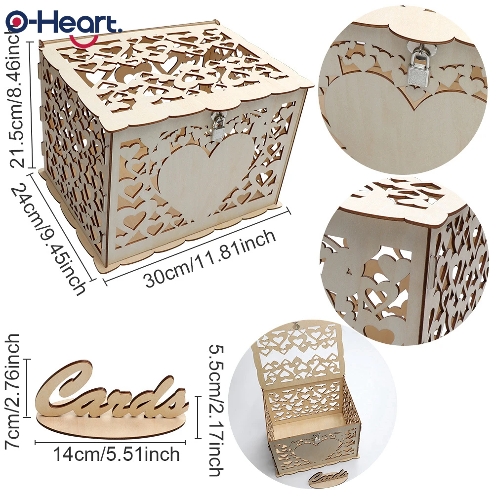  OHEART DIY Wedding Invitation Card Box With Lock Wooden Rustic Money Box Wedding Box valentines day - 33018119219