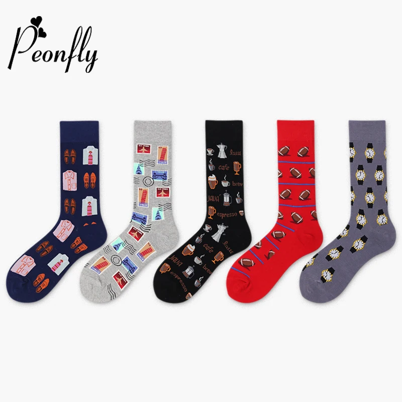 PEONFLY-Chaussettes en coton pour hommes, impression personnalisée, timbre montre, motif de grains de café, chaussettes de ventilation décontractées, mode