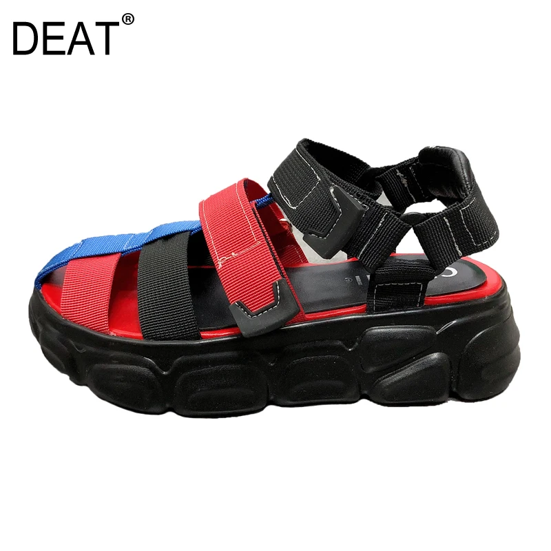 

[DEAT] 2019 New Spring Summer Round Toe Shallow Canvas Hook Mixed Colors Wedges Heels Sport Sandals Women Fashion Tide 10A166