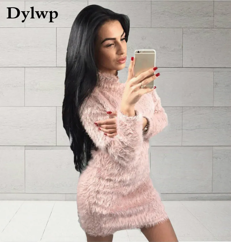 

Winter Plush Sweater Dress Women Fashion Long SleeveTurtleneck Dress Female Sexy Mini Wool Knitted Bodycon Dresses Plus Size