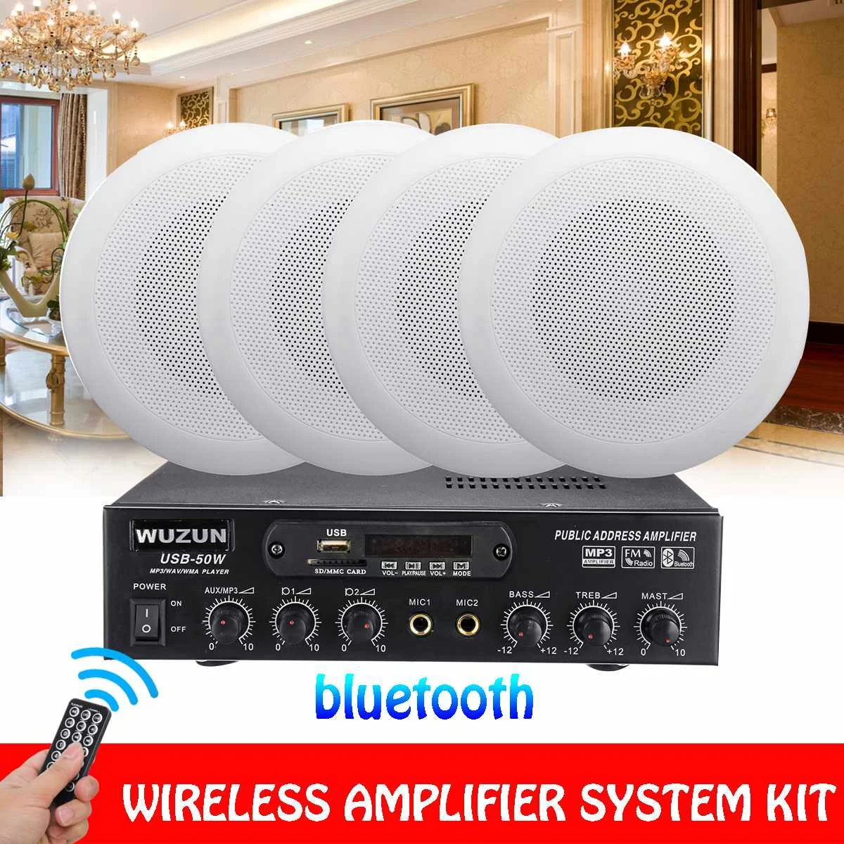 

12V/220V HIFI Audio bluetooth Power Amplifier Subwoofer Stereo FM Radio Home Theater Car Amplifier Ceiling Speaker System Kit
