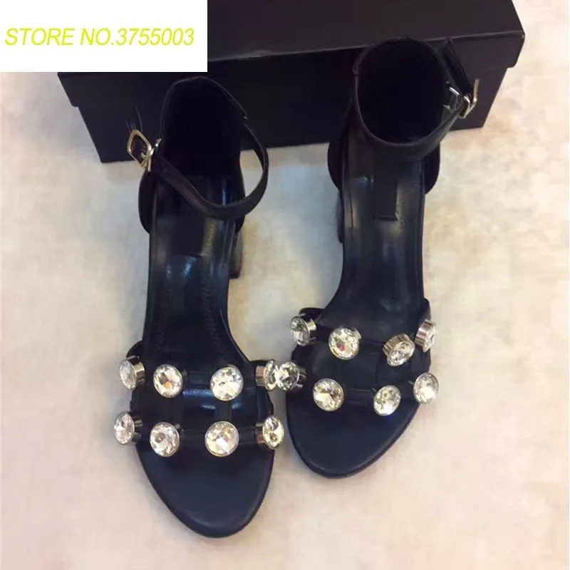 

Summer Crystal Leather Ankle Strap Black Sandals 2018 Runway Designer Shallow Chunky Block High Heels Pump Sansalias Mujer Shoes
