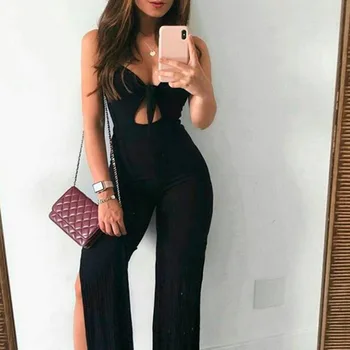 

V-neck Sexy Jumpsuit High Waist Casual Bodysuits Bowknot Sleeveless Split Long Wide Leg Pants Ladies Clubwear Rompers