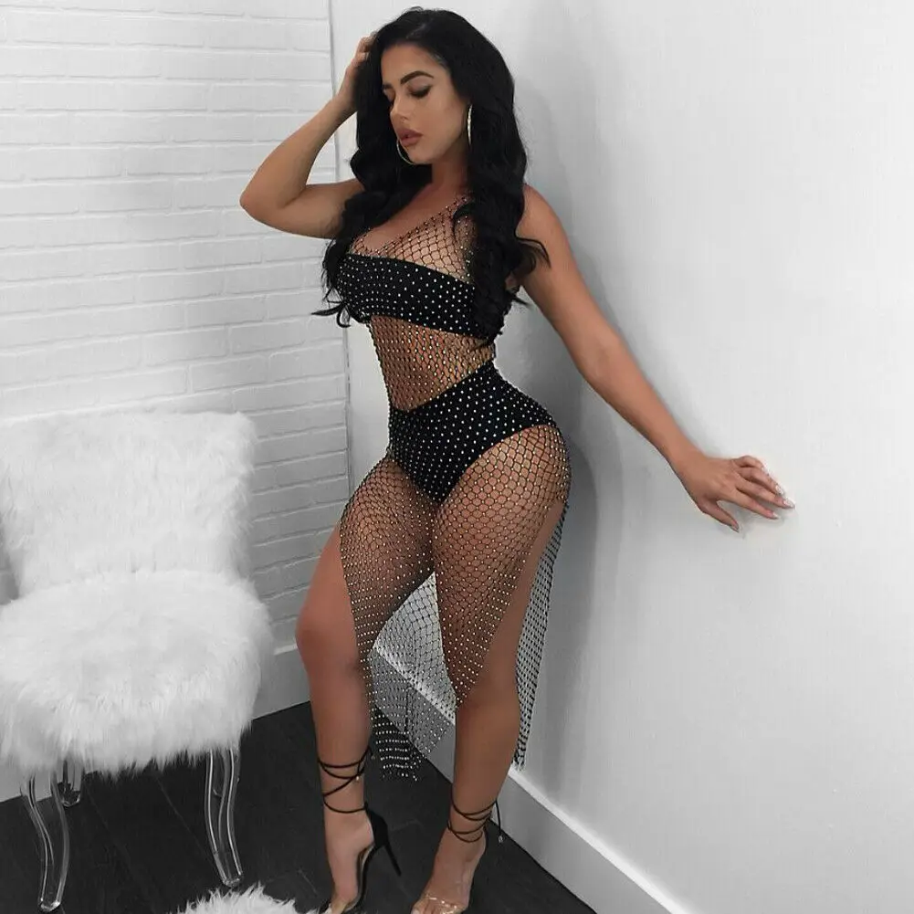

2019 Sexy Women Summer Fish Net Bikini Cover-Ups Crochet Diamonds Bikini Cover Up Swimwear Bathing Suit Beach Dress Tops