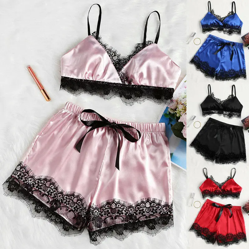 

2019 Summer Sexy Satin Lace Pajama Sets V-neck Bra+Shorts Female Sleepwear Nightwear Pajamas Comfy Lingerie Set Solid Color