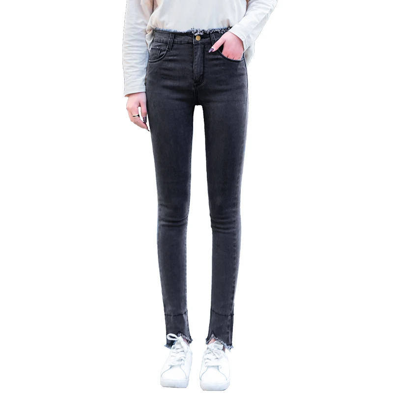 

Pengpious spring summer frayed hem super elastic cropped cut denim pants high waist holes