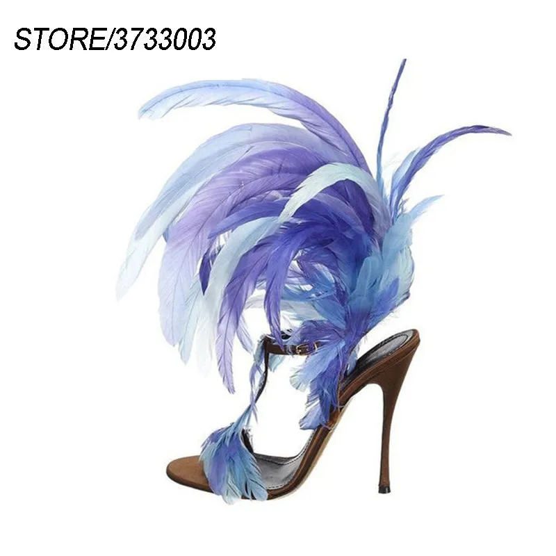 

Individual Feather Sandalias Mujer Stiletto Heel T-strap Open Toe Catwalk Stage Nightclub Shoes Summer
