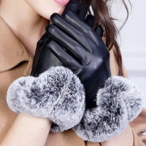 Женские кожаные перчатки с сенсорным экраном на осень-зиму, теплые непромокаемые перчатки с кроличьим мехом