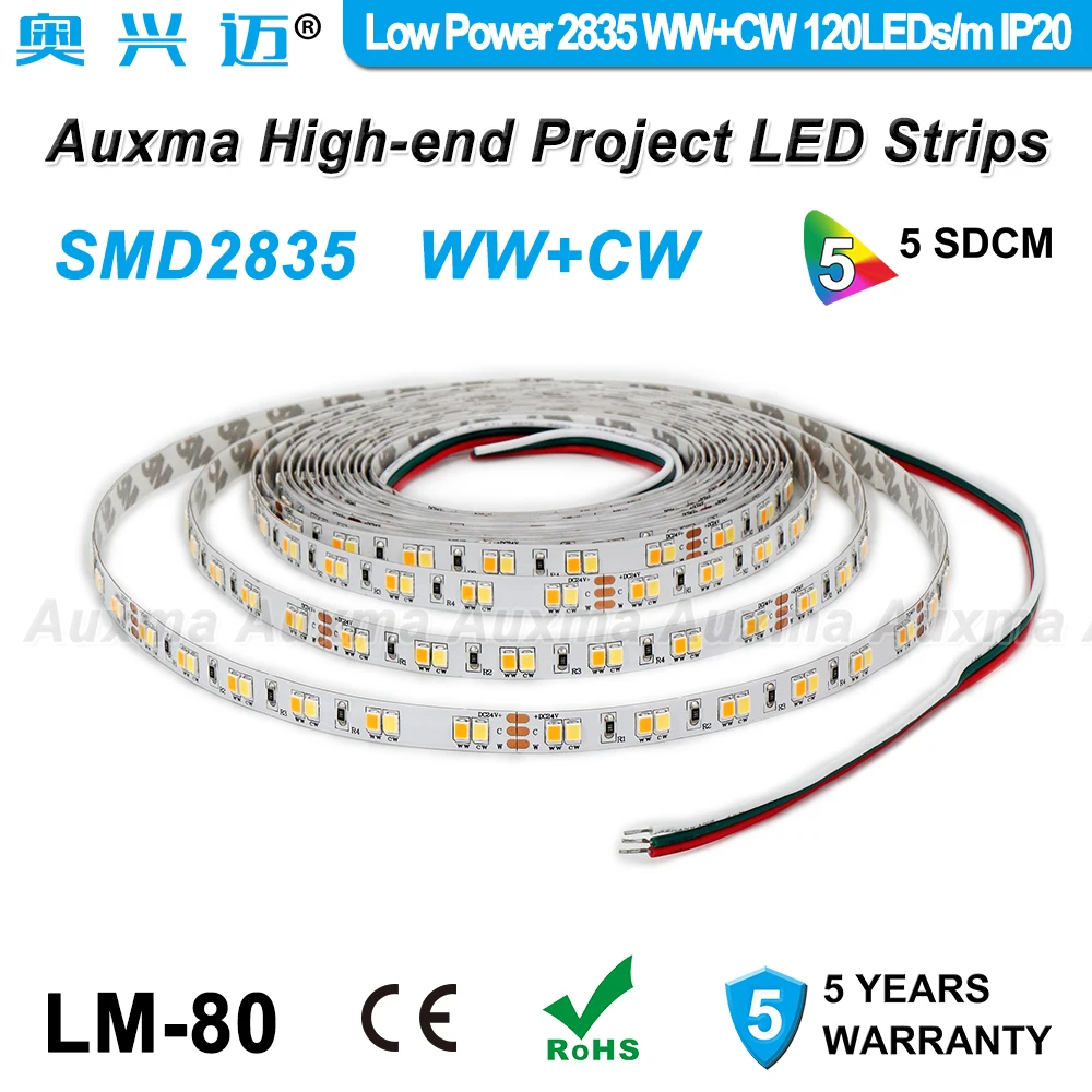 

Low Power 2835 WWCW 120LEDs/m LED Strip,Color temperature adjustable,CCT,DC12/24V,9.6W/m,600LEDs/Reel,5meter/Reel,for indoor