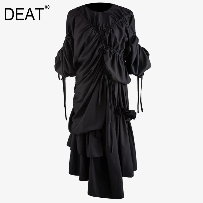 

DEAT 2019 new summer fashion women clothes round neck flare sleeves drawstring Japan styles asymmetrical dresses WG10101L