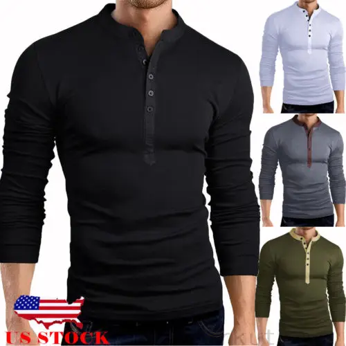 Mens Slim Fit V Neck Long Sleeve Muscle Tee T shirt Casual Tops Henley ...