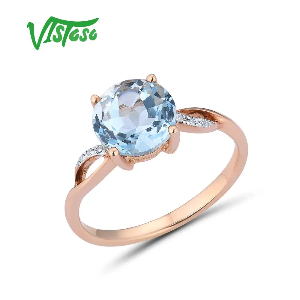 VISTOSO, золотые кольца для женщин, настоящее кольцо из розового золота 14 к 585 пробы, сверкающий бриллиант, небесно-голубой топаз, на свадьбу, юбилей, хорошее ювелирное изделие