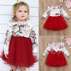 PUDCOCO/фатиновые платья-пачки с длинными рукавами и цветочным принтом для маленьких девочек