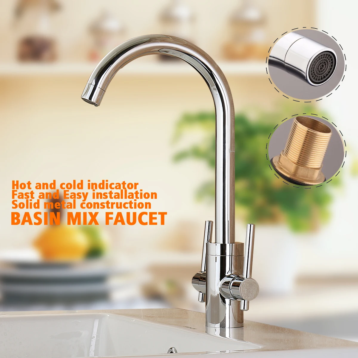 

Kitchen Double Handles Hot And Cold Mixer Water Tap Basin Faucet Spout 360Rotation Chrome Polished Sink Water Tap Deck Mounted