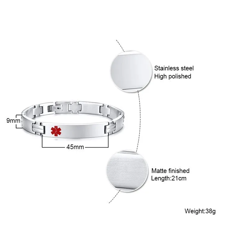 Мужской персонализированный браслет, браслет из нержавеющей стали, серебряный цвет, на заказ, медик, диабет, ювелирные изделия, гравировка 8,3"
