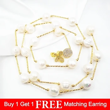 

Lii Ji AA Freshwater Pearl Baroque Nerround Shape Beads 12-13mm 925 sterling silver Beads Gold Color Link Long Necklace 80cm