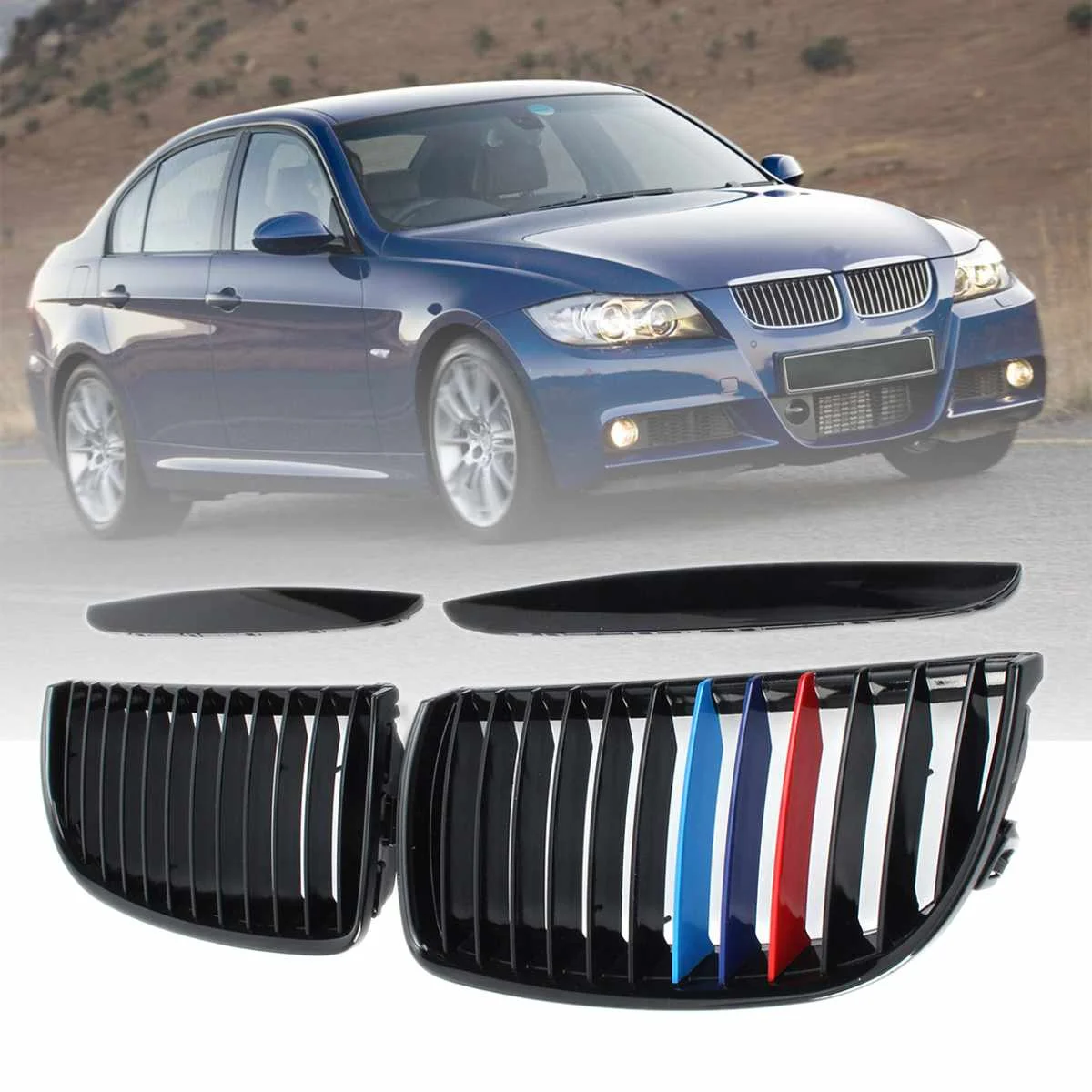 

For BMW E90 Sedan Wagon 320i 323i 328i 335i 2005 2006 2007 2008 #IGT145967 Pair ABS Gloss Black M-Color Kidney Grille Grill
