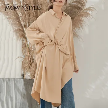 

TWOTWINSTYLE Casual Cross High Split Shirts For Women Long Sleeve Solid Oversized Shirt Blouse Female Spring 2020 Fashion New
