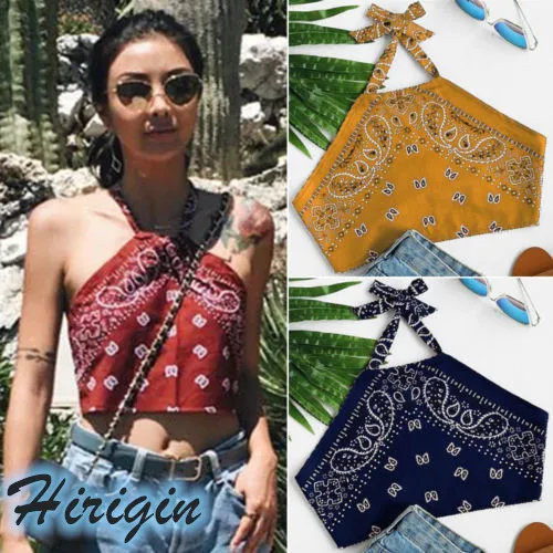 

Casual Tops Women's Bohemian Print Off Shoulder Backless Printing Tank Tops Summer Sexy Halter Short Corp Tops