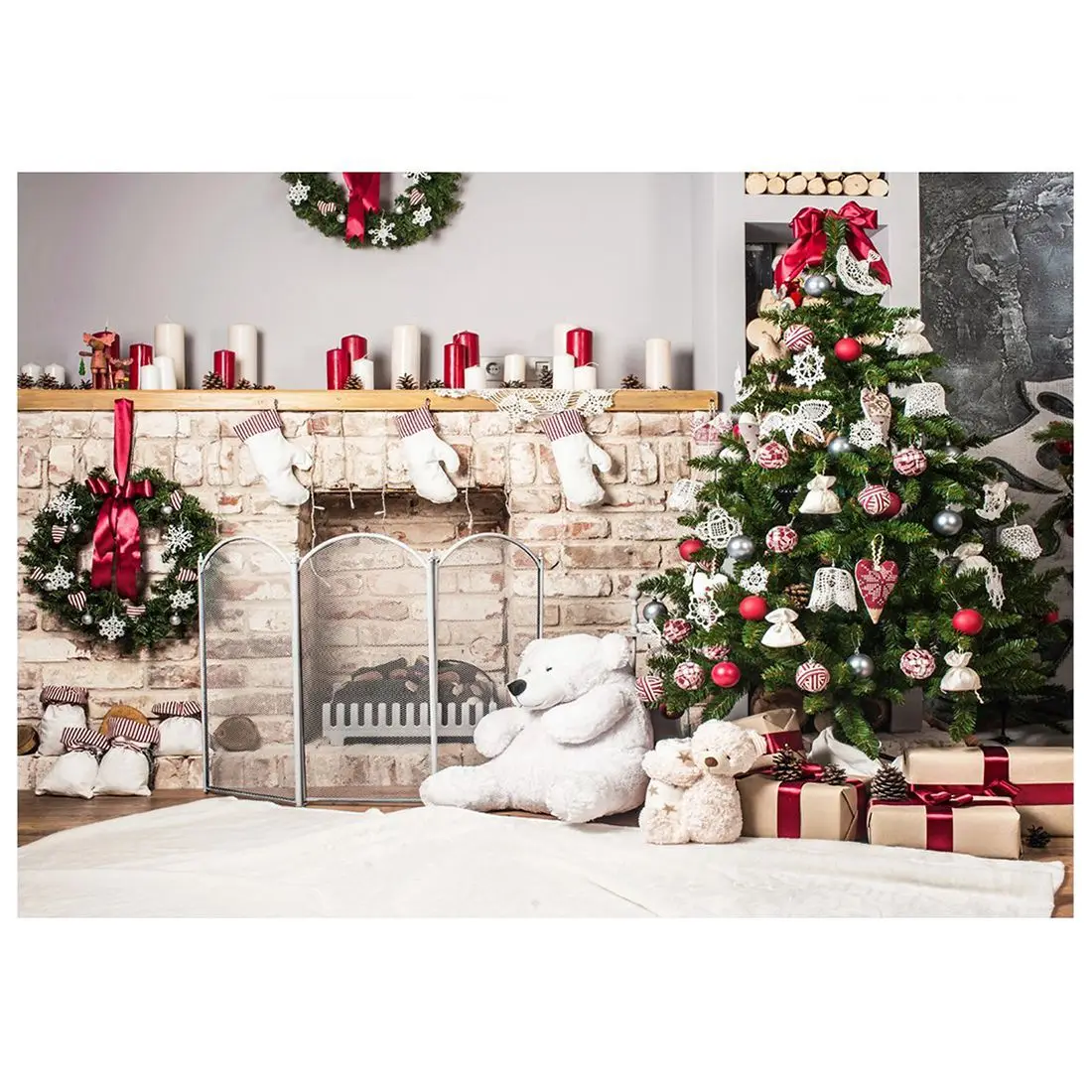 

Christmas Tree Backdrop Vinyl Photography Brick Fireplace Christmas Gifts Toy For Children Newborn Photo Studio Background 7x5ft