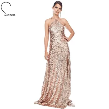 

Santune 2019 Halter Long Dress Summer Women Sexy Backless Sequin Maxi Long Dress Party Clubwear Side Split Elegant Female Dress