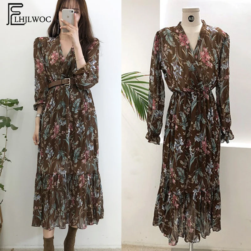 Kaufen 2019 Temperament Kleid Frauen Koreanischen Stil Casual Datum Tragen Neue Jahr Niedlich Schlanke Taille Floral Bedruckte Chiffon Vintage Kleid Lange