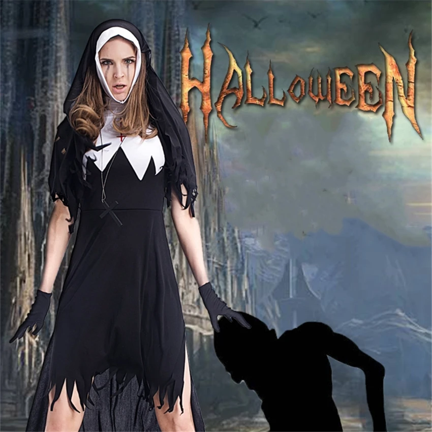 

Scary Halloween Long Dress Medieval Nun Cosplay Costumes with Cross Party Women Masquerade Clothes Female Fancy Witch Uniform
