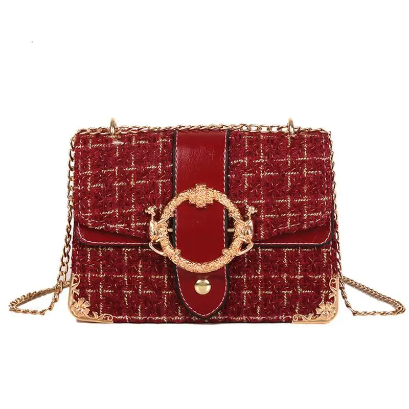 

Women Sling Chains Shoulder Bag Messenger Woolen Korean Fashion Crossbody Chain Metal Square Buckle Hand PU Bags Handbag Clutch