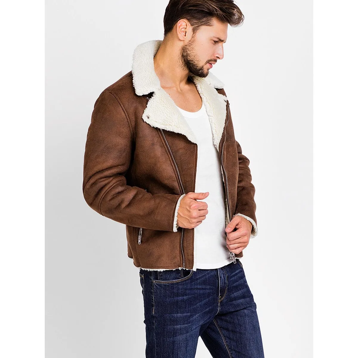 60% OFF Faux Suede Jacket for Men Brown Biker Winter Jacket Men Spring Autumn Turn Down Collar Casual Cool Faux Suede Jacket Coat