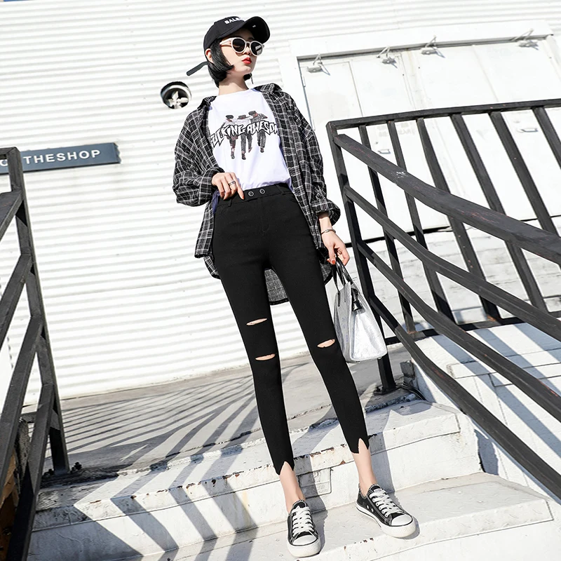 Loyalget New wild black tight pencil pants Ladies Jean Trousers High Waist Hole Zip Belt Plain Pants Women Elegant Crop Loyalget New wild black tight pencil pants Ladies Jean Trousers High Waist Hole Zip Belt Plain Pants Women Elegant Crop