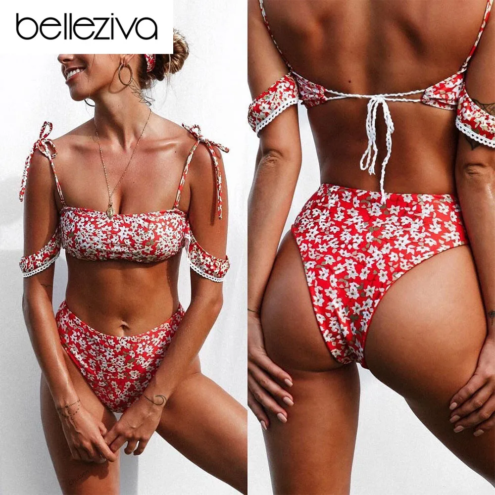 

Belleziva Floral Print Women Bikini Set Sexy Off The Shoulder Swimsuit Bandage Swimwear Brazilian Swimsuit Bathing Suit Biquinis