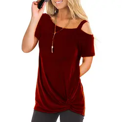 Женская футболка с открытыми плечами твист передний со сплошным коротким рукавом с круглым вырезом свободная футболка Повседневная