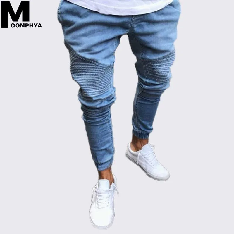 Moomphya Pleated streetwear biker skinny jeans men Hip hop biker mens jeans Stylsh Brand denim jeans homme