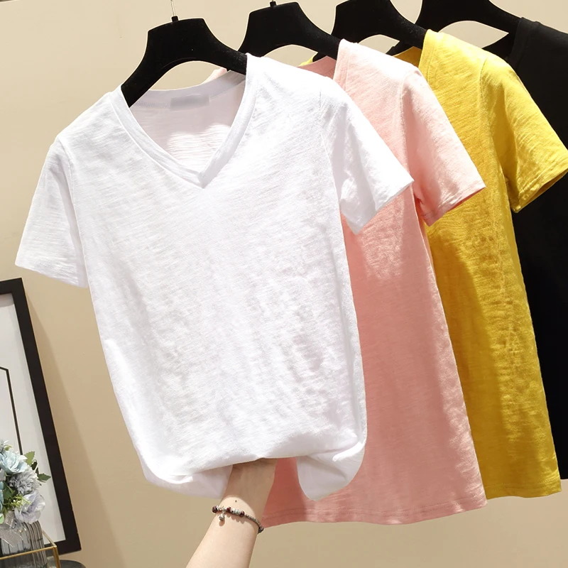 

New Banulin 100% Cotton V-Neck Harajuku Tshirt 2019 Summer Women's Short Sleeve Solid Sweet Tops & Tees Fashion Casual T Shirt