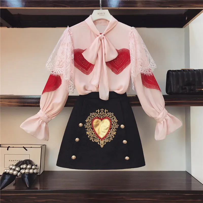 

Fashion Women's 2 Piece Set 2019 Spring New Pink Chiffon Patchwork Lace Bow Shirt Suits + Embroidery Jacquard A Line Skirt Sets