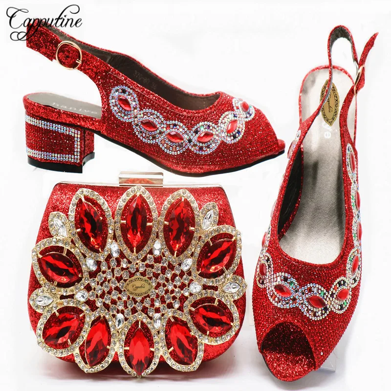 

Capputine 2019 Italian Style Red Color Ladies Party Shoes And Bags To Match Set African Summer High Heels Shoes And Bag Sets