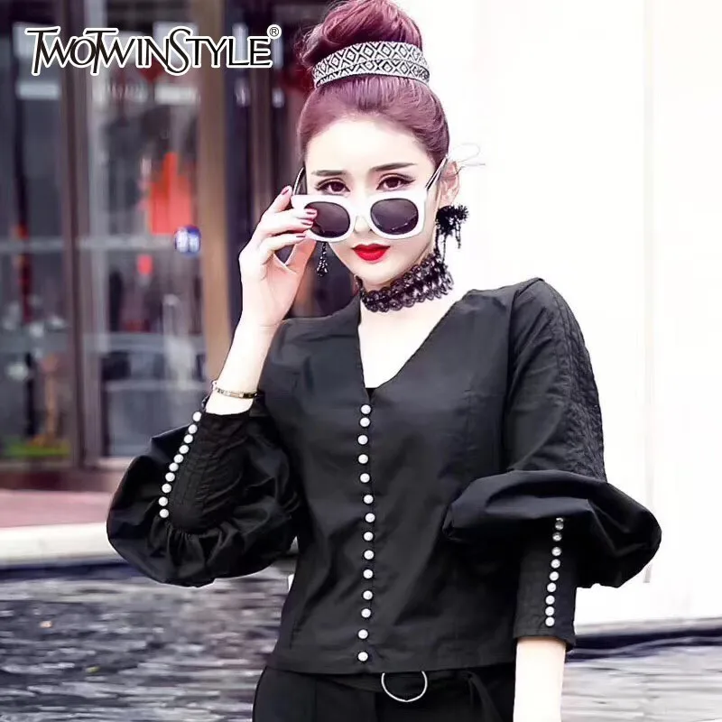

TWOTWINSTYLE Black Shirts Blouse Womens V Neck Lantern Long Sleeve Short Tops Female Elegant Fashion 2019 Spring Clothing New