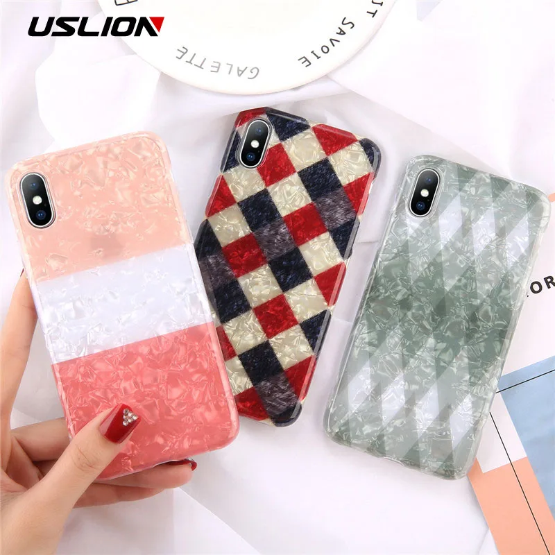 

USLION Glitter Powder Rhombus Pattern Phone Case For iPhone 6 6s 7 8 Plus Dream Shell Soft IMD Cover For iPhone X XS XR Xs Max